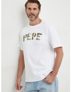 Pamučna majica Pepe Jeans za muškarce, boja: bijela, s tiskom