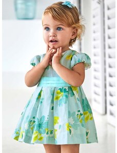 Lanena haljina za bebe Mayoral boja: tirkizna, mini, širi se prema dolje