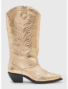 Kožne kaubojske čizme AllSaints Dolly Boot za žene, boja: zlatna, s debelom potpeticom, WF763Z