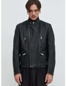 Kožna jakna HUGO za muškarce, boja: crna, za prijelazno razdoblje