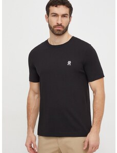 Pamučna majica Tommy Hilfiger za muškarce, boja: crna, s aplikacijom