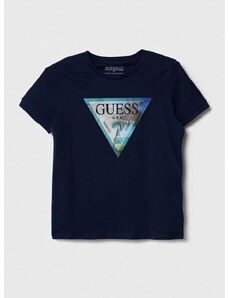 Dječja pamučna majica kratkih rukava Guess boja: tamno plava, s aplikacijom