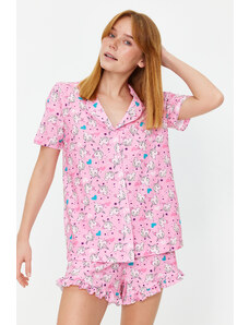 Trendyol Pink 100% Cotton Fun Patterned Shirt-Shorts Knitted Pajamas Set