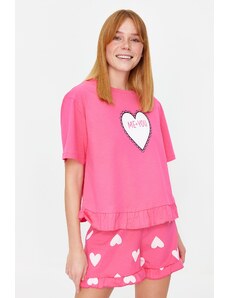 Trendyol Pink 100% Cotton Heart Patterned Ruffle Detailed T-Shirt-Shorts Knitted Pajama Set