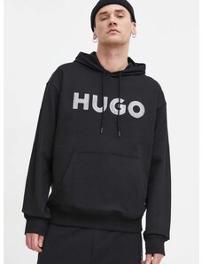 Pamučna dukserica HUGO za muškarce, boja: crna, s kapuljačom, s aplikacijom