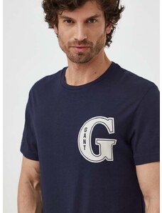 Pamučna majica Gant za muškarce, boja: tamno plava, s tiskom