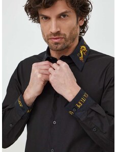 Pamučna košulja Versace Jeans Couture za muškarce, boja: crna, regular, s klasičnim ovratnikom