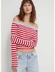 Majica dugih rukava Tommy Jeans za žene, boja: crvena, s otvorenim ramenima