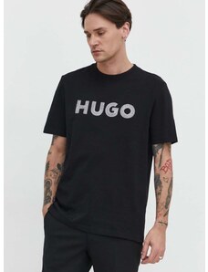 Pamučna majica HUGO za muškarce, boja: crna, s aplikacijom