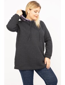 Şans Women's Smoked Plus Size 3 Thread Neck Collar Hooded Sweatshirt