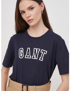 Pamučna majica Gant za žene, boja: tamno plava