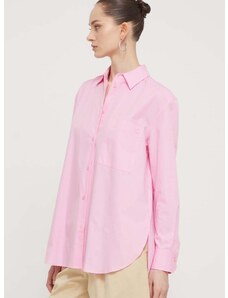 Pamučna košulja HUGO za žene, boja: ružičasta, relaxed, s klasičnim ovratnikom