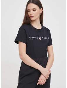 Pamučna majica Gant za žene, boja: crna
