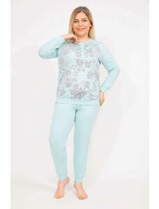 Şans Women's Green Plus Size Cotton Blouse, Pants and Pajamas Set