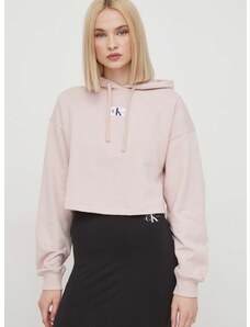 Pamučna dukserica Calvin Klein Jeans za žene, boja: ružičasta, s kapuljačom, s aplikacijom