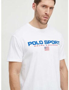 Pamučna majica Polo Ralph Lauren za muškarce, boja: bijela, s tiskom
