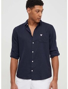 Lanena košulja Guess boja: tamno plava, relaxed, s klasičnim ovratnikom