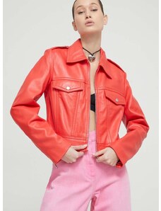 Kožna jakna Moschino Jeans za žene, boja: crvena, za prijelazno razdoblje
