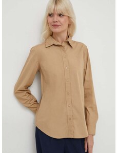 Pamučna košulja Lauren Ralph Lauren za žene, boja: bež, regular, s klasičnim ovratnikom