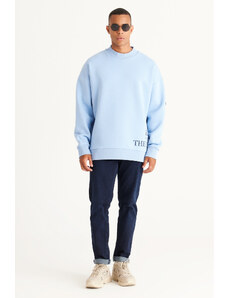 AC&Co / Altınyıldız Classics Men's Light Blue Oversize Fit Loose Cut 3 Thread Cotton Printed Sweatshirt with Fleece Inside