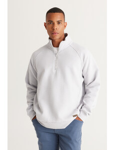 AC&Co / Altınyıldız Classics Men's Light Gray Loose Fit Stand-Up Bato Collar Inner Fleece 3 Thread Patterned Sweatshirt