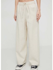 Lanene hlače Roxy lniane Lekeitio boja: bež, ravni kroj, visoki struk