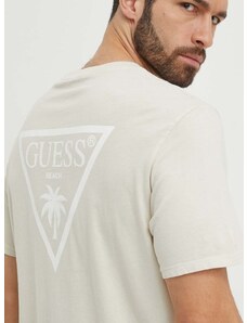 Pamučna majica kratkih rukava za plažu Guess boja: bež, s uzorkom