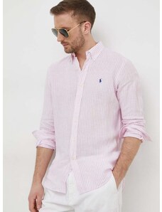 Lanena košulja Polo Ralph Lauren boja: ružičasta, regular, s button-down ovratnikom