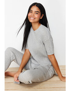 Trendyol Gray Cotton Ribbed Slit Detailed Knitted Pajamas Set
