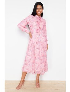 Trendyol Pink Lined Floral Pattern Belted Woven Dress