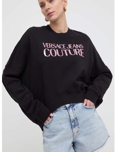 Pamučna dukserica Versace Jeans Couture za žene, boja: crna, s kapuljačom, s tiskom