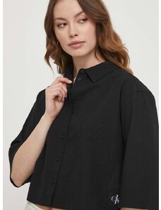 Pamučna košulja Calvin Klein Jeans za žene, boja: crna, relaxed, s klasičnim ovratnikom