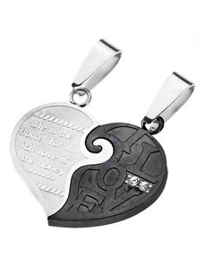 Nakit Eshop - Privjesci za parove - razdvojeno srce u crnoj i srebrnoj boji, romantični natpis AA32.23