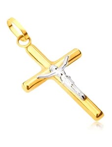 Nakit Eshop - Privjesak od 14K žutog zlata - sjajni latinski križ, Isus na križu od bijelog zlata GG05.30