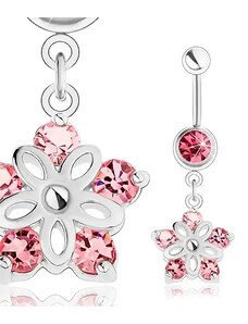 Nakit Eshop - Čelični piercing za pupak, srebrna boja, svjetlucavi cvijet, ružičasti cirkoni SP23.28