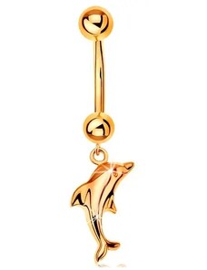 Nakit Eshop - Piercing za pupak od zlata 585 - banana sa dvije kuglice i viseći sjajni delfin S2GG184.38
