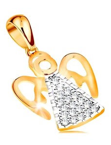Nakit Eshop - Dvobojni privjesak od 14 karatnog zlata - anđeo sa urezanim krilima, prozirni cirkoni S3GG195.11