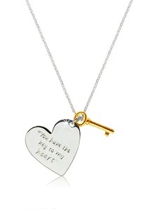 Nakit Eshop - 925 srebrna ogrlica - srce s natpisom "You have the key to my heart", ključ zlatne boje Z03.17