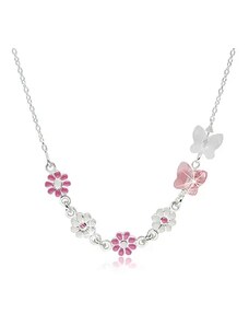 Nakit Eshop - 925 srebrna ogrlica za djecu - cvijeće s ružičastom i bijelom glazurom, leptiri izrađeni od sintetičkih kristala G19.05