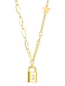 Nakit Eshop - Čelična ogrlica u zlatnoj boji - lokot sa otvorom za ključ, zvijezde, okrugle i ovalne karike SP14.16