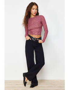 Trendyol Damson Patterned Fitted Crew Neck Crop Flexible Knitted Blouse