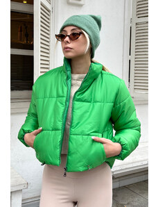 Trend Alaçatı Stili Ženski svijetlozeleni stand up ovratnik s dvostrukim džepom puffer puffer kaput s elastičnim strukom