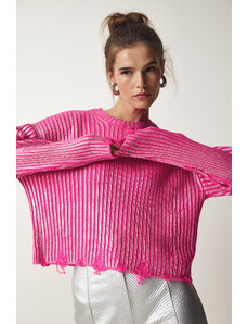 Happiness İstanbul Sreća İstanbul Ženski ružičasti poderani detalj Sjajni džemper od pletenine