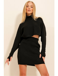 Trend Alaçatı Stili Women's Black Turtleneck Sweater And Knitwear Skirt Double Suit