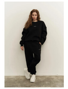 Laluvia Black Embossed Letter Printed Crew Neck Tracksuit Set