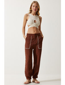 Happiness İstanbul Women's Brown Embroidery Detail Muslin Trousers