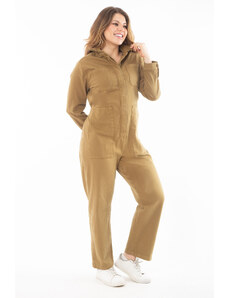 Şans Women's Plus Size Camel Hidden Pat Snap Buttons Gabardine Fabric Jumpsuit