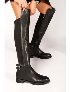 Shoeberry Women's Eliana Black Leather Elastic Boots, Black Leather.