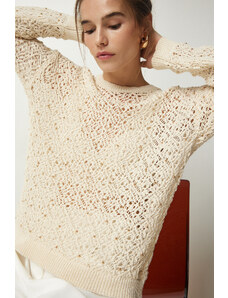 Happiness İstanbul Sreća İstanbul Ženska krema Stilski biser Detaljan Openwork pletenina džemper