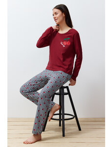 Trendyol Claret Red 100% Cotton Cherry Printed Plaid Knitted Pajamas Set